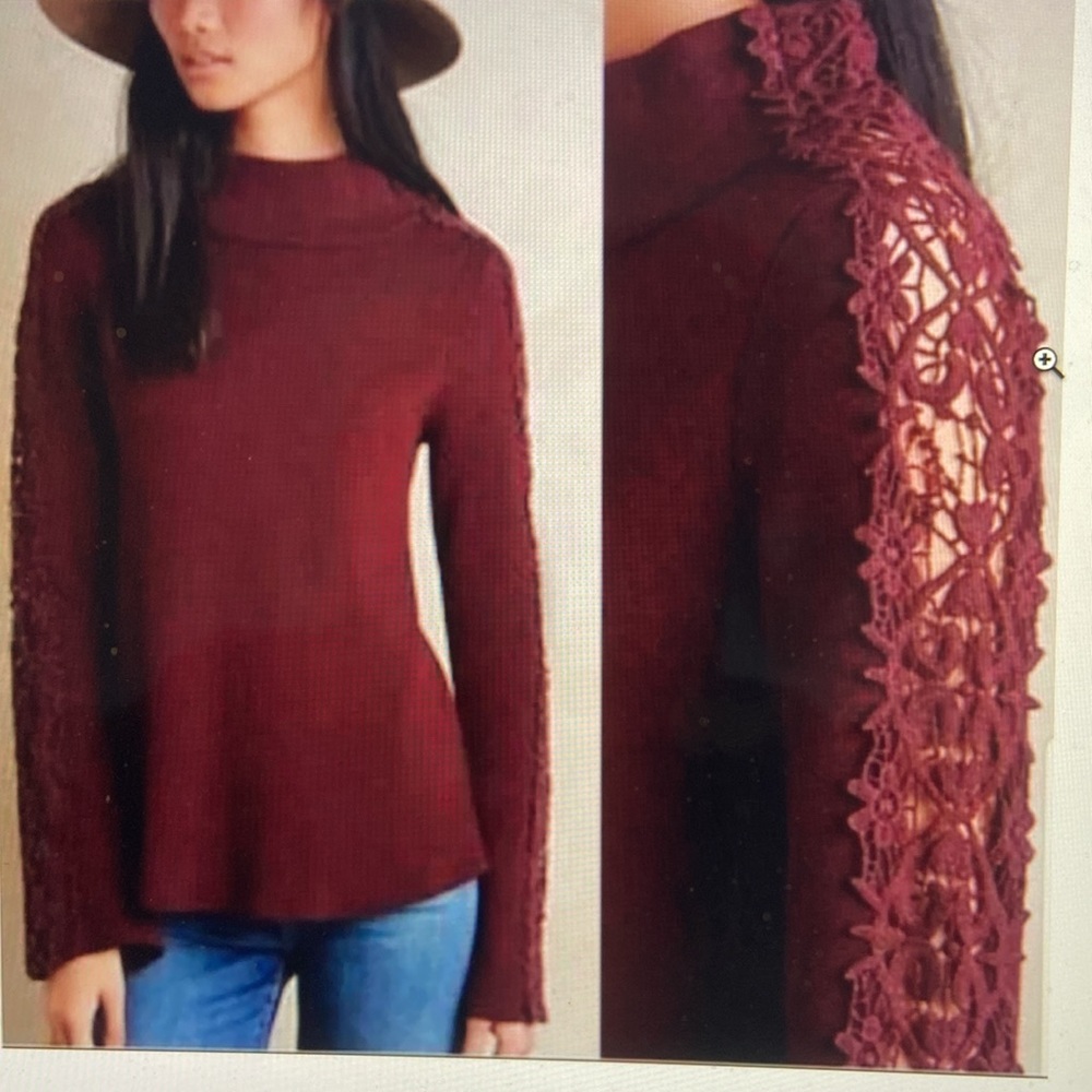 Anthropologie Deep Wine Colored Mock Neck Lace Detailed Sweater Size S